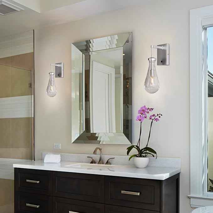HuisMier Nickel Wall Sconces, Modern Raindrop Wall Sconce with On Off Switch, Clear Glass Wall Mounted Lamp Indoor Vanity Light Fixtures for Bathroom Bedroom Hallway Living Room, Hardwired