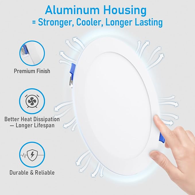 TORCHSTAR Basic Series 12-Pack 8 Inch Ultra-Thin LED Recessed Lighting with Junction Box, Aluminum, 4000K Cool White, 5%-100% Dimmable Slim Recessed Downlight, 18W 1440LM, ETL and Energy Star
