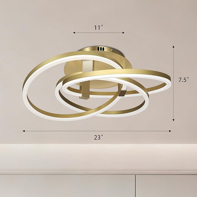 Maxax 23.5" Gold Led Ceiling Light Fixture, Modern 3 Rings Flush Mount Chandelier, Close to Ceiling Lamp for Bedroom Living Room Dining Room Kitchen, ETL Listed