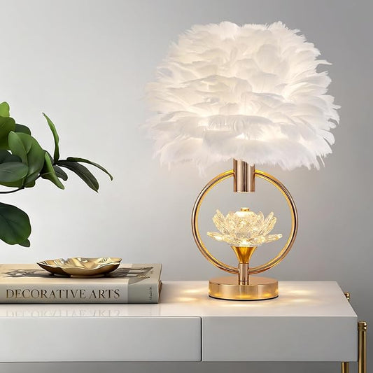 ZYLEIESENBAO Chic White Feather Lamp 17IN Modern Crystal Fluffy Table Lamp Cute Romantic Bedside Nightstand Light Nordic Desk Lamp for Girl Bedroom Living Room Entry Office Wedding Christmas Gift - Aura Lighting