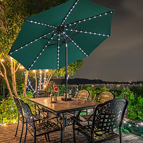 USA 10-Year-Non-Fading 9ft Market Patio Umbrella, Commercial Grade Table Sun Umbrella with 80 Solar LED Lights, Crank Open, Windproof & UPF 50+ UV Protection for Garden, Deck, Pool, Backyard, Forest Green
