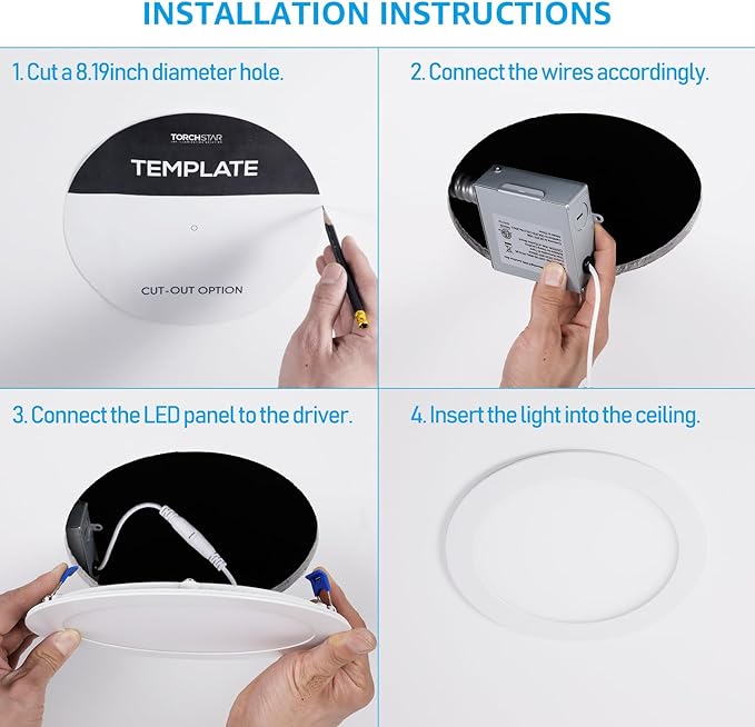 TORCHSTAR Basic Series 12-Pack 8 Inch Ultra-Thin LED Recessed Lighting with Junction Box, Aluminum, 4000K Cool White, 5%-100% Dimmable Slim Recessed Downlight, 18W 1440LM, ETL and Energy Star