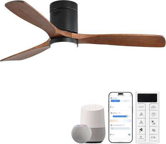 Sofucor 52 Inch Smart Ceiling Fans with Lights-Flush Mount Low Profile Modern Outdoor Solid Wood Ceiling Fans with Alexa/Google Assistant/APP/Remote Control for Bedroom/Farmhouse/Patio, Brown Black
