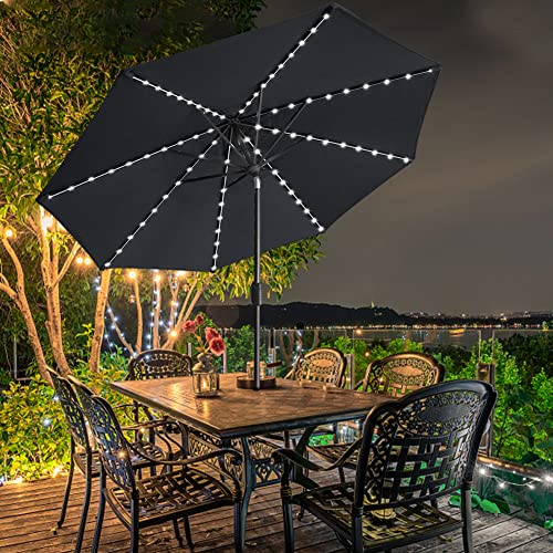 USA 10-Year-Non-Fading 9ft Market Patio Umbrella, Commercial Grade Table Sun Umbrella with 80 Solar LED Lights, Crank Open, Windproof & UPF 50+ UV Protection for Garden, Deck, Pool, Backyard, Black