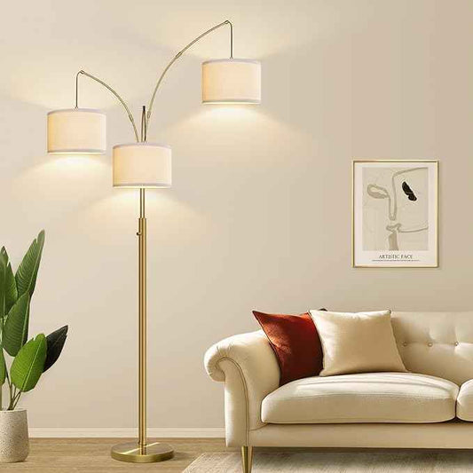 Nintiue Dimmable Floor Lamp - 3 Lights Brass Floor Lamps for Living Room Linen White Shades & Heavy Base, Mid Century Tree Floor Lamp for Bedroom Office, 3 LED Bulbs Included