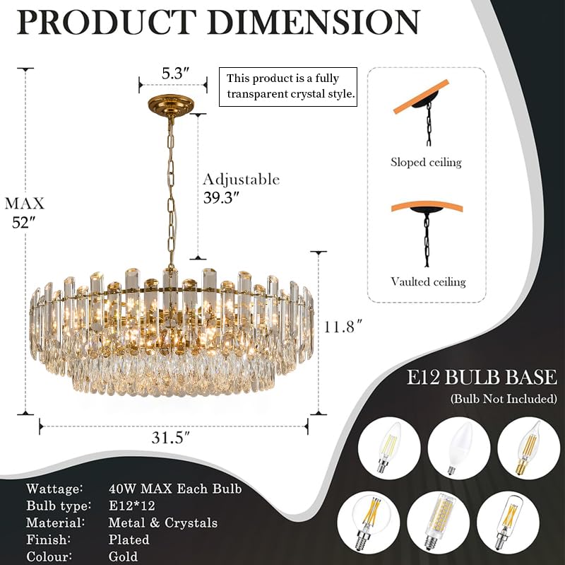 31.5" Gold Crystal Chandeliers Fully Transparent Crystal Modern3