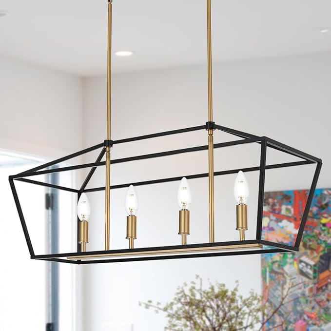 Kitchen Island Light 4-Light Linear Chandelier, Farmhouse Dining Room Pendant Lighting with Adjustable Height, Ceiling Lights Hanging Over Table