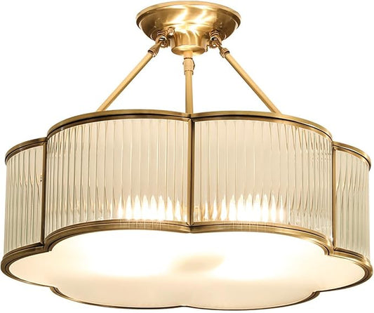 Vintage Semi-Flush Gold Chandelier,Mid-Century Modern Brass Ceiling Light Fixture,Art Deco Floral Ceiling Light,Frosted Glass Ceiling Lamp for Nursery Bedroom Kitchen - Aura Lighting