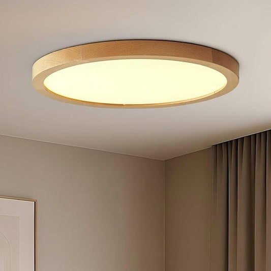 Ultra-Thin LED Ceiling Light Fixture 20.47", Handcrafted Natural Wood Modern Wabi-Sabi Style, Slim 2.5cm Profile, 37W LED 3000K-4000K-6000K, Round Minimalist Lamp for Bedroom Kitchen Hallway