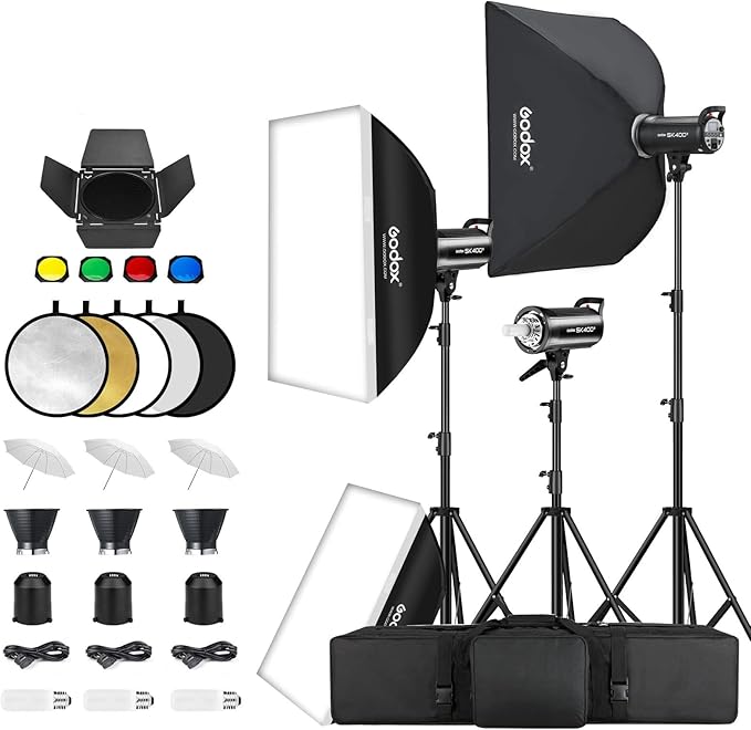 Godox 3 Pack SK400II 1200W Studio Strobe Flash Kit, 400W Bowens Mount Monolight, 24”x36” Softbox, 110" Light Stand, Umbrella, Barn Door, Carrying Case for Video Shooting,Prodoct, Portrait Photography - Aura Lighting