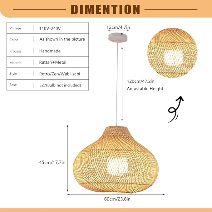 Retro Zen Wabi-sabi Rattan Pendant Light,Hand-Woven Lantern Chandelier,Adjustable Height Wicker Hanging Lamp,Metal Dining Room Fixture for Bedroom Tea Room Hotel Coffee Shop Kitchen Island