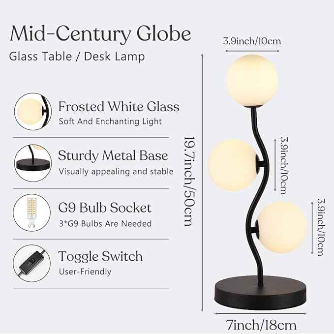 3-Light Curve Black Globe Table Lamp Mid Century Flower Beside Desk Table Light with Milk White Glass Shade Metal Base Nightstand Lamp for Bedroom Bedside