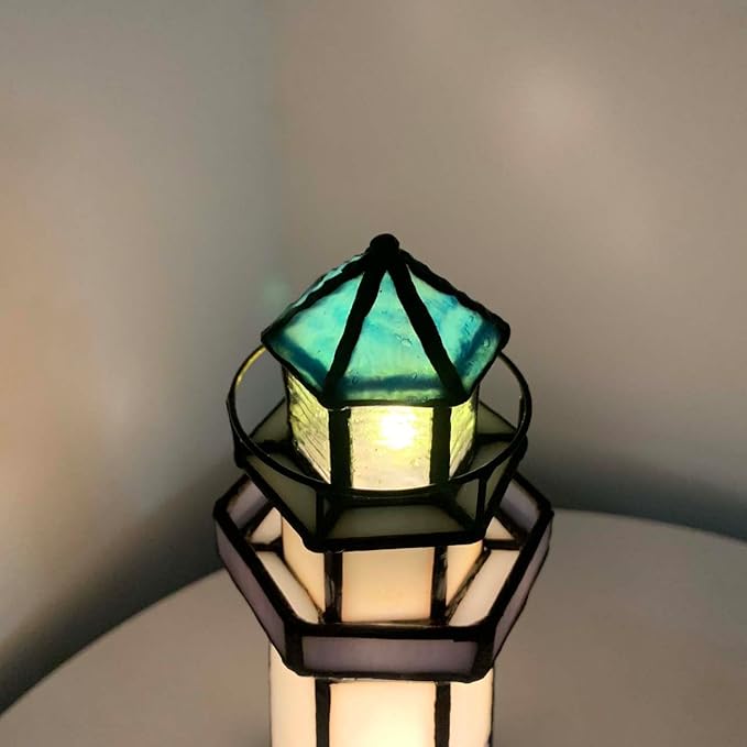 Bieye L10776 Lighthouse Tiffany Style Stained Glass Accent Table Lamp Night Light for Home Decoration (5x5x11, Blue)