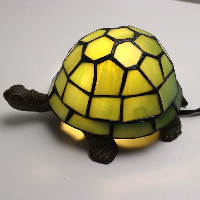 Bieye L10691 Tortoise Tiffany Style Stained Glass Accent Table Lamp Night Light for Bedside Living Room Bedroom (Light Green)