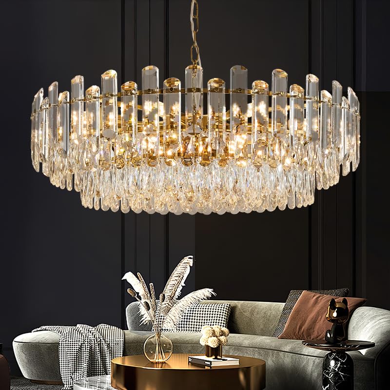 31.5" Gold Crystal Chandeliers Fully Transparent Crystal Modern3