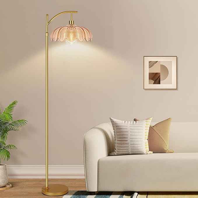 Vintage Floor Lamps for Living Room Glass Floor Lamp with Remote Control & 3 Color Temperature,Dimmable Floor Lamp Gold Mid Century Modern Standing Lamp Brass Tall Floor Lamps for Bedroom Corner