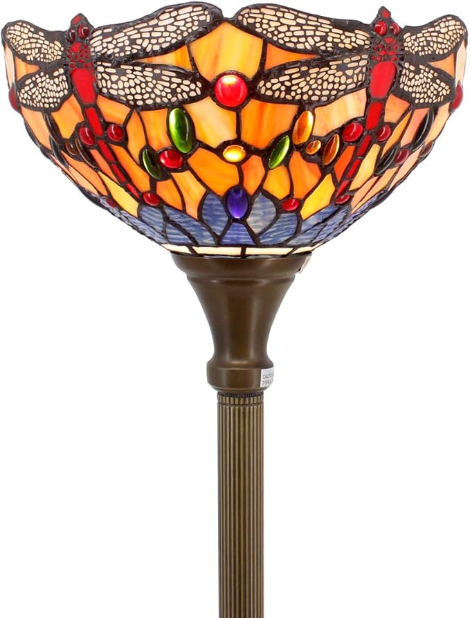 WERFACTORY Tiffany Floor Lamp Orange Blue Stained Glass Dragonfly Light 12X12X71 Inches Torchiere Standing Corner Torch Uplight Decor Bedroom Living Room Home Office S168 Series