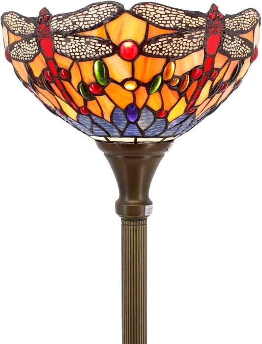 WERFACTORY Tiffany Floor Lamp Orange Blue Stained Glass Dragonfly Light 12X12X71 Inches Torchiere Standing Corner Torch Uplight Decor Bedroom Living Room Home Office S168 Series