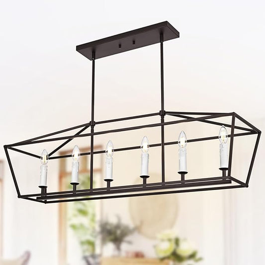 6-Light Kitchen Island Pendant Lighting Fixture, Farmhouse Linear Chandelier for Dining Room Over Table, Oil Rubbed Bronze & E12 Bulb Base