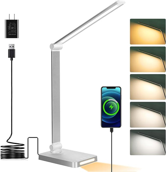 Dott Arts LED Desk Lamp with USB Ports,Touch Desk Lamps for Home Office with 5 Color Modes,3 Brightness Desk Light with Small Night Light,Reading Lamp Table LED Lamp for Bedroom Bedsid Study Sliver - Aura Lighting