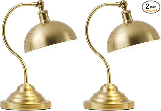 Cordless LED Table Lamp Set of Two, Swing Arm Desk Lamp, Rechargeable, Dimmable/3 Color/Memory Function, Modern Rechargeable Table Light for Living Room,Bedroom,Bedside, Brass - Aura Lighting