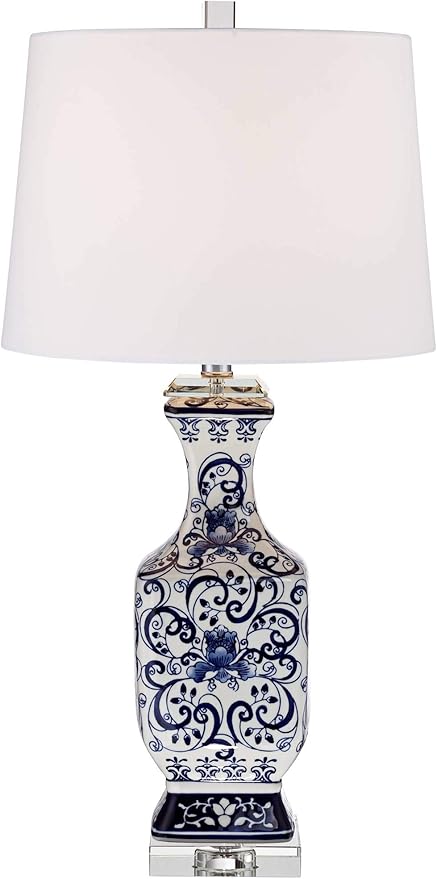 Barnes and Ivy Iris Asian Chinese Jar Style Table Lamps 28" Tall Set of 2 Blue Porcelain Crystal Geneva White Fabric Drum Shade Decor for Living Room Bedroom House Bedside Nightstand Home