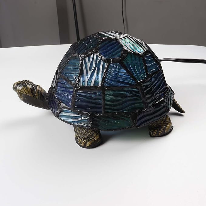 Bieye L10592 Tortoise Tiffany Style Stained Glass Accent Table Lamp Night Light for Bedside Living Room Animal Pet Lover (Blue-Green)