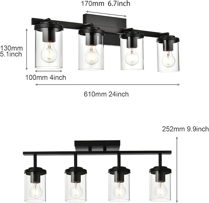BONLICHT Ceiling Spotlights Track Lighting Kit 4 Light Bathroom Vanity Lighting Black Modern Multi-Directional Ceiling Mount Fixture Industrial Farmhouse Sconces Wall Mount Lamp with Clear Glass Shade - Aura Lighting