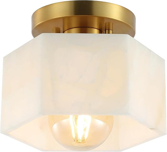 JONATHAN Y 8" Brass Gold Modern 1-Light Hexagonal LED Semi Flush Mount Ceiling Light, White Alabaster Marble Shade, Glam Lamp for Hallway, Bedroom, Bathroom, LED Bulb Included JYL1204A
