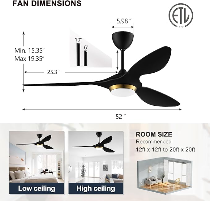 reiga 52 Inch Black Modern Ceiling Fans with Lights and Remote Control, Smart WiFi 3 Blades Quiet DC Motor for Living Room Bedroom Patio Garage, ETL Listed - Aura Lighting
