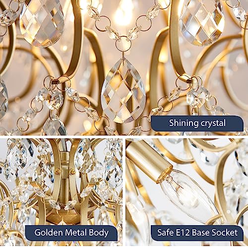 Modern Gold Pendant Chandelier Crystal Raindrop Lighting Ceiling Light Fixture Lamp for Dining Room Bathroom Bedroom Livingroom entryway 3 E12 Bulbs Required D16 in x H18 in