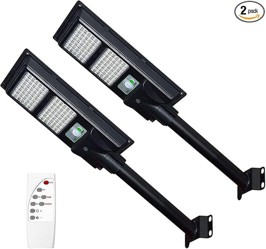 10000LM Solar Street Lights Outdoor Waterproof, 6000K Solar Flood Lights with Motion Sensor and Remote Control for Garden, Yard, Garage, Backyard (2 Pack) - Aura Lighting