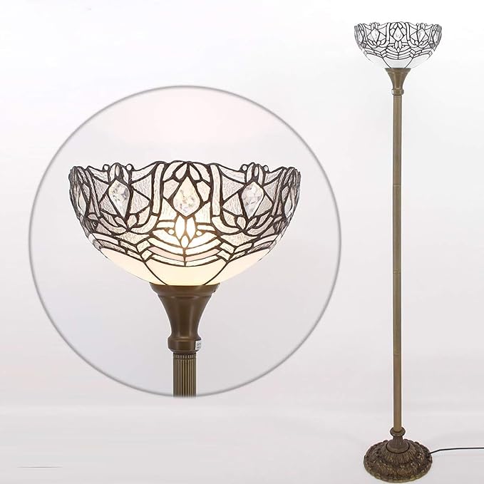 Tiffany Lamp Shade Replacement 12X6 Inch Stained Glass Lampshade Only 1-5/8-Inch Fitter Opening for Arched Floor Lamp, Torchiere Lamp, Pendant Light (White)