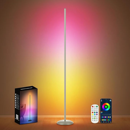 Corner Floor Lamp RGB, Smart LED Corner Lamp with APP & Remote Control, Floor Lamp Dimmable with 16 Million Colors, Music Sync, Standing Lamps for Living Room, Bedroom - Silver