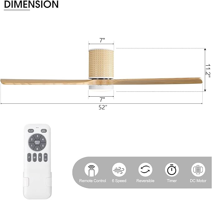 52" Ceiling Fan with Light - Low Profile Flush Mount Ceiling Fan, 6-Speed Remote Control, Solid Wood, Quiet Reversible DC Motor, Wood/White Finish, for Bedroom, Living Room, Porch - Aura Lighting