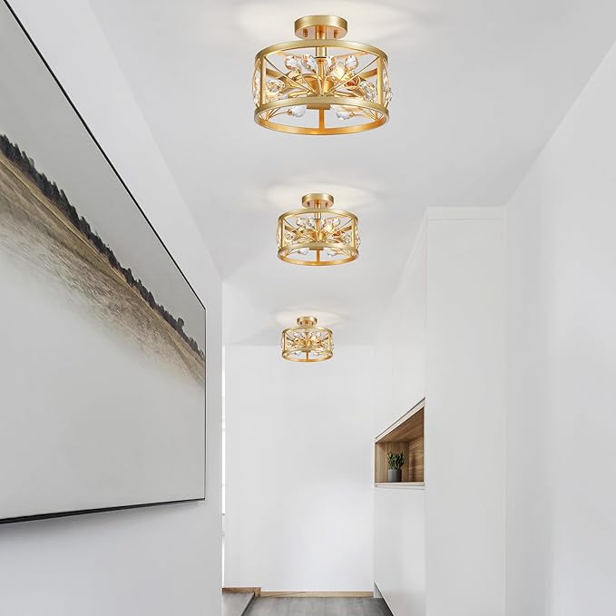 WUZUPS Crystal Leaf Chandelier 3-Light Vintage Farmhouse Industrial Semi-Flush Mount Ceiling Light Modern Lighting Fixture for Foyer Bedroom Hallway Storage Room Kitchen Bathroom, H 8.5" W 12", Gold