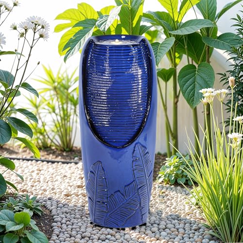 Autodaya 33" H Ceramic Jar Outdoor Water Fountain with Lights