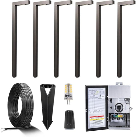 Gardenreet Brass Low Voltage Landscape Path Lights(6 Pack) Kit 12V LED with Low Voltage Transformer 150W and Mechanical Timer and 100 Feet Wire and 30Pack Connectors for Outdoor Yard Driveway - Aura Lighting