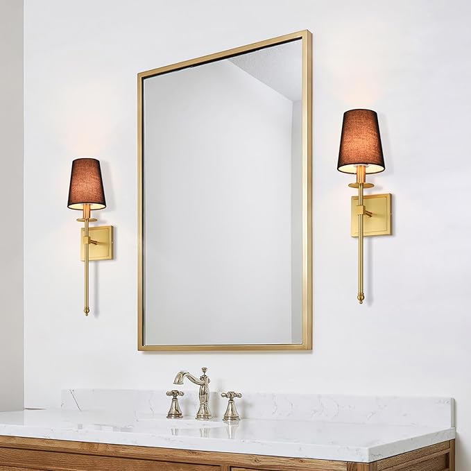 XiNBEi Lighting Wall Sconces Set of 2, Hardwired Brushed Brass Sconce Lighting with Black Fabric Shade Modern Wall Mount Light Fixture for Bathroom Bedroom Living Room Hallway XB-W1307-BS