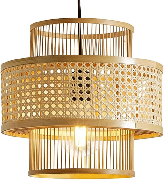 Double Layer Bamboo Pendant Light, Handwoven Japanese Zen Wabi Sabi Hanging Lamp, Natural Chandelier,Country-Style Dining Room LightFixture for Tea Room Guesthouse Living Room