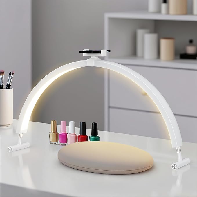 Half Moon Light for Nail Desk, 30'' Large Half Moon Desk Lamp with Phone Holder, Professional Nail Tech Light with 3 Color Modes and 5 Brightness for Manicure Salon and Handicraft (White)
