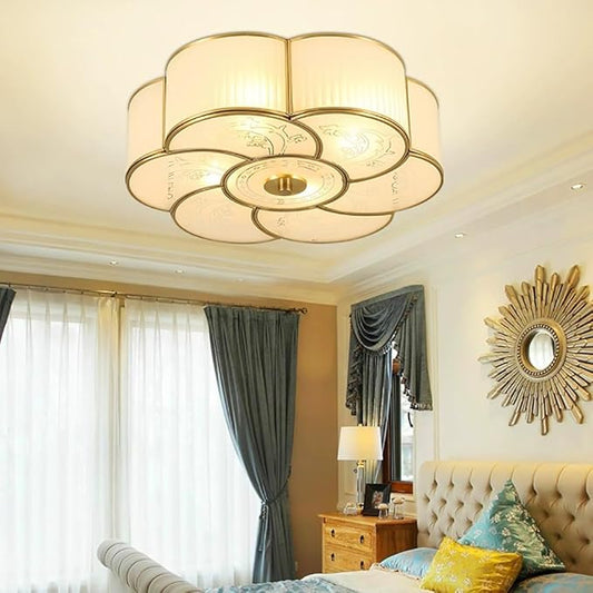 Brass Flush Mount Ceiling Light, Vintage Frosted Glass Ceiling Lighting Fixture, 4 Lights Classic Ceiling Lamp for Bedroom Nursery Living Room (Flower, 17.7")
