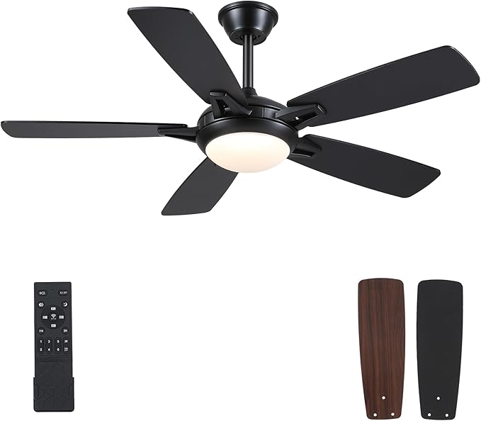 Ceiling Fans with Lights and Remote, 46 Inch Modern Ceiling Fan with Light, Black Ceiling Fans for Bedroom Living Room Indoor/Outdoor, Reversible Quiet Motor, Dimmable LED Light, Black