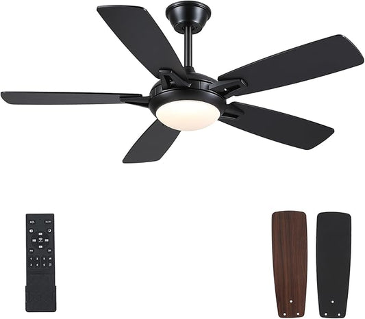 Ceiling Fans with Lights and Remote, 46 Inch Modern Ceiling Fan with Light, Black Ceiling Fans for Bedroom Living Room Indoor/Outdoor, Reversible Quiet Motor, Dimmable LED Light, Black