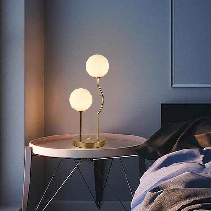 Mid Century Gold Globe Table Lamp 2-Light Orb Modern Beside Desk Table Light with Milk White Glass Shade Metal Base Nightstand Lamp for Bedroom Bedside