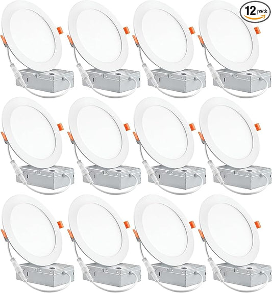 12 Pack 6 Inch Ultra-Thin LED Recessed Ceiling Light with Junction Box, 6000K Can Lights, 12W 110W Eqv, recessed Lighting 6 inch led Lights, 1050LM High Brightness LED Lights