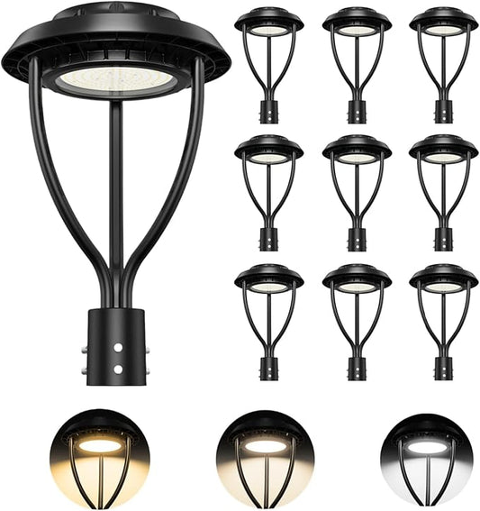 10Pack LED Post Top Light with Photocell, 150W 120W 100W Adjustable, 22500LM Adjustable CCT 3000/4000/5000K Outdoor Pole Lights, IP65 Waterproof Commercial LED Post Light Fixture ETL DLC Listed - Aura Lighting