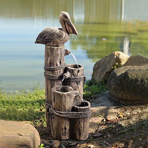 35.42" 4 Tier Pelican and Driftwood Pier Post Outdoor Cascading Water Fountain
