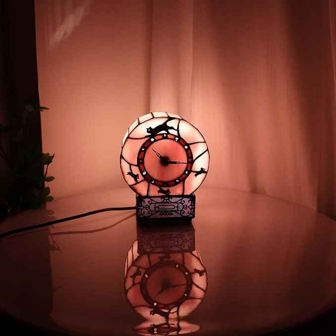 Bieye L10911 Cat and Mouse Tiffany Style Stained Glass Desk Clock Table Lamp for Home Decor (Pink)