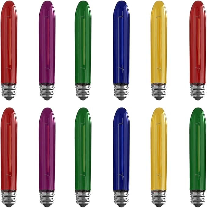 12 Pack T13 LED Multicolor Replacement Bulbs, E12 Candelabra Base LED Bulbs for Outdoor String Lights, Night Light, Christmas Candles, Window Lights, 0.6W Energy Saving Decorative Multicolor Bulb